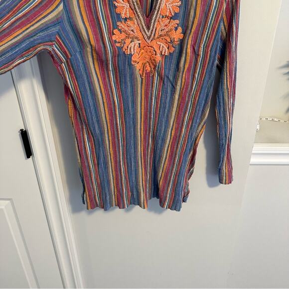 Soft Surroundings Pink Blue Striped Cotton Beaded Tunic Top Medium - Picture 9 of 13